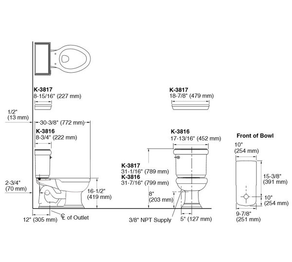Kohler Memoirs Stately Comfort Height TwoPiece Elongated 1.28 GPF Toilet with Aquapiston Flush